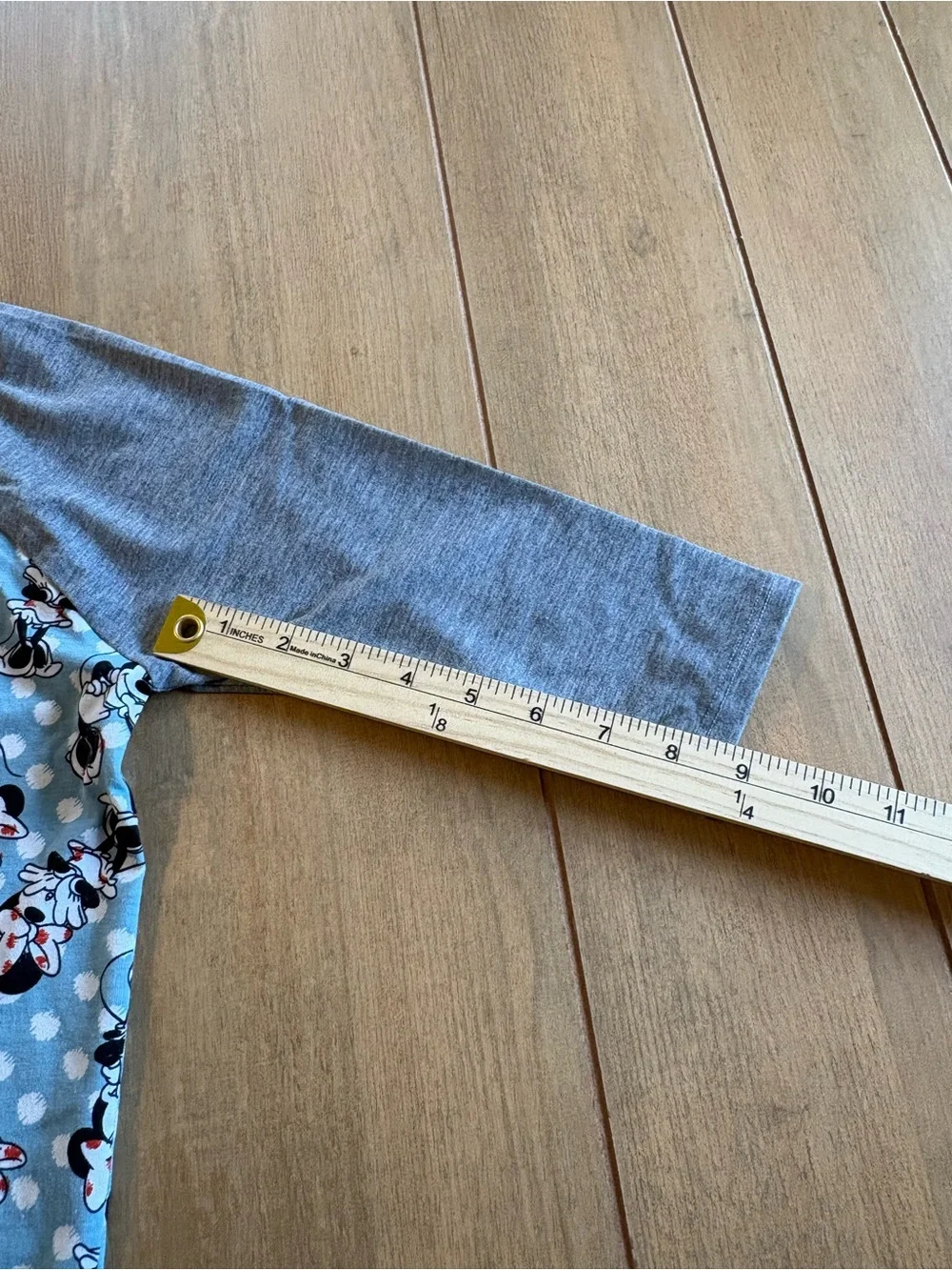 LuLaRoe Disney Minnie Mouse Raglan Tee Girls 14 Blue Gray Polka Dot Graphic